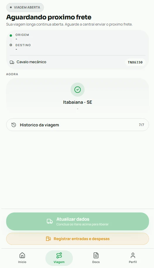 Tela de viagem do app do motorista: origem, destino, posição atual e histórico da viagem.